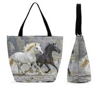 FekiLoot Cavalli neri e bianchi che corrono Tote Bag per le donne Borse da spiaggia con cerniera Casual Tote Bag Grande Capacità Carino Tote Bags Borsa a tracolla da viaggio per shopping, lavoro