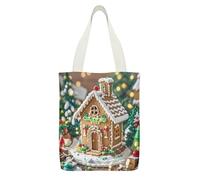 FekiLoot Gingerbread House, borsa tote in tela leggera, media, riutilizzabile, per la spesa, multiuso, con tasca interna con cerniera, borsa per la spesa di grande capacità