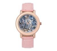 FekiLoot Orologio da donna con cinturino in pelle bianco invernale con gufo, alla moda, con quadrante rosa, analogico, al quarzo, minimalista, elegante, delicato, per feste, uso quotidiano e regalo