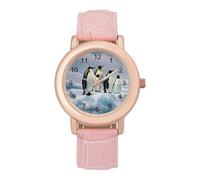 FekiLoot Penguins On The Iceberg - Orologio da donna con cinturino in pelle, alla moda, con quadrante rosa, analogico, al quarzo, minimalista, elegante, delicato, per feste, uso quotidiano e regalo
