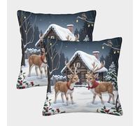 FELASBUID Christmas Deer-Winter Festive Illustration Federe Cuscini Per Divano Decorative Available All Seasons Fodere Per Cuscini 2 Pezzi Quadrate Poliestere Da Letto Per Salotto 50x50cm