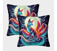 FELASBUID Nine-tailed Fox Federe Cuscini Per Divano Decorative Animal Fodere Per Cuscini Set 2 Pezzi Poliestere Da Letto Divano 50x50cm