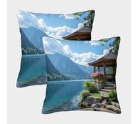 FELASBUID Scenic Mountain Lake-Nature Landscape Style Federe Cuscini Per Divano Decorativa Available All Seasons Fodere Per Cuscini Set 2 Pezzi Moderno Per Divani Giardino 45x45cm