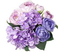 Felice Arts Bouquet di fiori artificiali viola da 30,5 cm con 7 teste di rose di tè e ortensie in seta, bouquet per casa, bouquet da sposa, bouquet da sposa, ufficio, feste, centrotavola, decorazioni