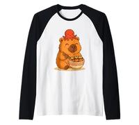 Felice Capybara Carino Mangiare Takoyaki con Polpo Kawaii Cibo Maglia con Maniche Raglan