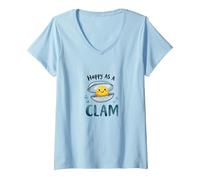 Felice Come Un Vongole Carino Ocean Pun Maglietta con Collo a V, Donna, Celeste, M