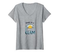 Felice Come Un Vongole Carino Ocean Pun Maglietta con Collo a V, Donna, Grigio Melange, M