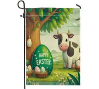 felice Pasqua bella mucca giardino bandiera albero uova lago uccelli margherita floreale primavera selvaggio vista paese verde lino per festa di Pasqua verticale prato arredamento esterno cortile
