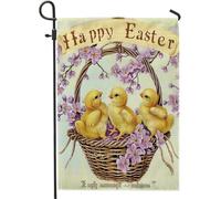 felice Pasqua giardino bandiera fiori di ciliegio pulcino cestino fattoria country cottage rustico beige lino prato arredamento doppio lato portico esterno campeggio recinzione parete famiglia