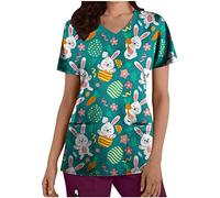 Felice pasquale, casacca da donna, per la cura delle uova di Pasqua, motivo coniglietto pasquale, maglietta da lavoro, scollo a V, maniche corte, uniformi, coniglietto pasquale, slim fit, silenzio