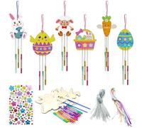 Feliciay Set di 6 campanelli eolici pasquali per bambini, fai da te, uova di Pasqua incompiute, fiori di pollo, artigianato pasquale, ciondolo in legno da dipingere, ciondolo pasquale fai da te