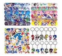 Feliciay Set di 74 regali per feste per bambini, regalo di compleanno per bambini, con 12 braccialetti, 12 portachiavi, 50 adesivi