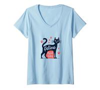 Felino Me Stesso Oggi: Arte eccentrica Amante dei Gatti Maglietta con Collo a V, Donna, Celeste, S
