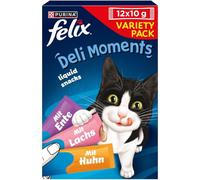 FELIX | Deli Moments™ | Dolci Gatti | Sapore irresistibile, Texture cremosa e Liquida per Gatti e Gattini | Pollo, Salmone e Anatra | Bustine, Porzione Singola | 12x10g
