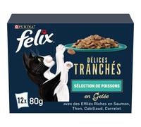 FELIX | Delizie affettate | Gatto adulto | Pesci squilati in gelatina: salmone, tonno, merluzzo, piastrella | Alimento umido 100% completo ed equilibrato | Bustine freschezze | Confezione da 4 (12 x