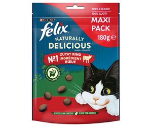 Felix Naturally Delicious Snack per gatti - Set %: 3 x 180 g Ricco in Manzo con un Tocco di Bacca di Goji