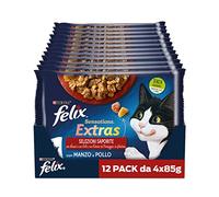 FELIX Sensations Extras, Cibo Umido per Gatti, 48 Buste da 85g | Cibo Umido per Gatti con Manzo e un Pizzico di Formaggio e con Pollo e un Pizzico di Bacon