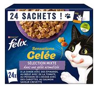 FELIX | SENSAZIONI | Gatto adulto | Selezione mista in gelatina: Manzo, Tacchino, Pesce dell'oceano, Salmone | Alimento umido 100% completo ed equilibrato | Bustine Freschevoli | Confezione da 4 (24 x