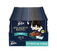Felix Sfilaccetti Rustici Fish Selection Umido Gatto con Tonno, Salmone - 48 Buste da 80 g Ciascuna (12 Confezioni da 4 x 80 g) - 4460 g