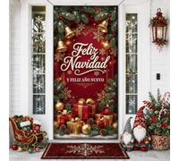 Feliz Navidad - Copertine per porte e regali di auguri per le festività | Campane d'oro, cartello per porta d'ingresso, rami di pino, motivi fiocco di neve, saluto per le vacanze spagnole