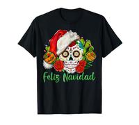 Feliz Navidad Sugar Skull con Cappello di Babbo Natale Pigiama Natalizio Maglietta