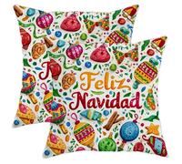 Feliz, Set di 2 federe per cuscini, motivo natalizio con campanelle Navidad di colore rosso, con cerniera nascosta, per soggiorno, appartamento, letto, divano, 35,5 x 35,5 cm