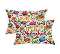 Feliz, Set di 2 federe per cuscini, motivo natalizio con campanelle Navidad rosse con cerniera nascosta, per soggiorno, camera da letto, loft, ufficio, auto, decorazione 50 x 30 cm