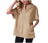 Felpa a maniche corte da donna oversize con mezza zip felpe casual con zip a quarto pullover top con tasca felpe leggere, #A03-cachi, 95