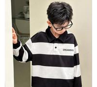 Felpa a maniche lunghe con stampa a righe e lettera in stile coreano casual e ampia, adatta per pendolarismo, scuola, uso casual quotidiano, sport, autunno/inverno, per ragazzi pre-adolescenti 8Y,9Y,1