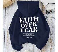 Felpa ampia e casual da donna per primavera e autunno con cappuccio, maniche lunghe con slogan e stampe "FAITH OVER FEAR THE LORD IS ON MY SIDE I WILL NOT FEAR WHAT CAN MAN DO TO ME PSALMS 118: 6", ad