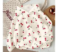 Felpa ampia e comoda con motivo retrò a ciliegie, adatta per ragazze pre-adolescenti, in colore bianco crema, manica lunga, ideale per l'autunno e l'inverno, casual e di stile, perfetta per la scuola 
