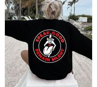 Felpa ampia in pile da donna, con il testo "Parla bene o rimani in silenzio", di colore nero con un design circolare bianco e rosso che raffigura un'icona di lingua e labbra, con uno sfondo di palme e