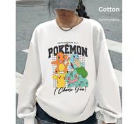 Felpa bianca da donna con spalle scese, top in cotone, stampa di simpatici Pokémon, felpa ampia e girocollo in taglie forti, primaverile e autunnale T-shirt unisex in cotone SS509L,M,S,XL,XSAnimale,Fu