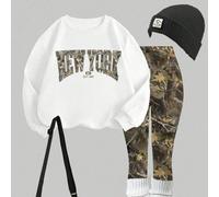 Felpa bianca + leggings mimetici/Set da uscita per donna/Set autunno inverno donna/Felpa girocollo e leggings casual da donna per l'autunno/inverno/Streetwear/Ritorno a scuola/Y2K/Outfit/Streetwear/Mi