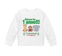 Felpa Bimbo e Bimba Primo Compleanno, Adesso Ho 1 Anno, Personalizzata con Nome e Data! Animali Giungla Safari! (Taglia 1/2 Anni Come da Tabella)
