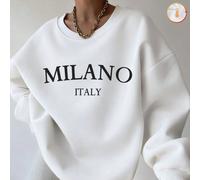 Felpa calda da donna con scollo rotondo, top da donna in cotone, felpa oversize curva con stampa monogramma MILANO ITALY, calda fodera in pile per autunno e inverno, felpa casual ampia, alla moda e ve