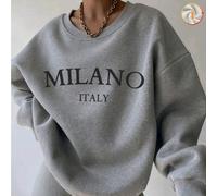 Felpa calda da donna con scollo rotondo, top da donna in cotone, felpa oversize curva con stampa monogramma MILANO ITALY, calda fodera in pile per autunno e inverno, felpa casual ampia, alla moda e ve