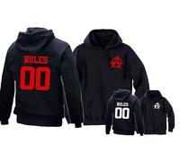 Felpa cappuccio ANARCHIA 0 RULES nera stampa bianca o rossa numero schiena nera