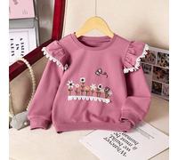 Felpa casual e dolce da ragazza con ricamo floreale: felpa con ricamo floreale dolce in rosa e viola, maniche con volant in pizzo, adatta per la scuola, il fine settimana e per trasformare le ragazze 