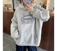 Felpa casual in pile con cappuccio stampata con lettera, da donna, a maniche lunghe, con elasticità moderata, comoda, alla moda, streetwear, per la casa quotidiana (XXL grigio chiaro)