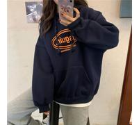 Felpa casual in pile con cappuccio stampata con lettera, da donna, a maniche lunghe, con elasticità moderata, comoda, alla moda, streetwear, per la casa quotidiana (XXL blu navy)
