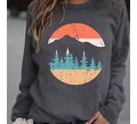 Felpa casual minimalista da donna con collo rotondo e stampa all'alba, Felpa da donna casual a maniche lunghe, collo rotondo, vestibilità regular, grigio scuro, spalle cadenti, adatta per primavera/au