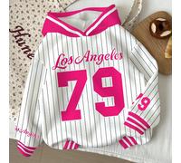 Felpa casual per ragazze, stampa grafica "Los Angeles" numero 79, rosa a righe, vestibilità morbida e comoda, collo a giro, manica lunga, adatta per autunno e inverno 6Y,7Y,4Y,5YA strisceTessuto