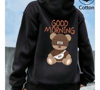 Felpa con cappuccio 100% cotone autunno/inverno da donna, stampa Cool Bear, top nero, stile dolce e audace, energico, da indossare tutti i giorni. Il retro presenta la stampa "GOOD MORNING" nei toni d