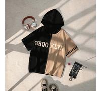 Felpa con cappuccio a maniche corte con motivo a blocchi di colore e lettera, stile di strada, casual, adatta per la moda streetwear estiva per ragazzi adolescenti 14Y,13Y,16Y,15YGeometrico,LetterePol