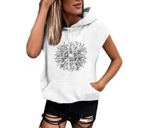 Felpa con cappuccio a maniche corte da donna, felpe da donna, Everyday Felpa con cappuccio da donna, tasca frontale frontale con stampa frontale, 01 Bianco, XXX-Large