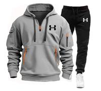 Felpa con cappuccio a maniche lunghe con cerniera multitasche autunno e inverno da uomo + pantaloni sportivi e per il tempo libero Tuta da jogging fitness in due pezzi