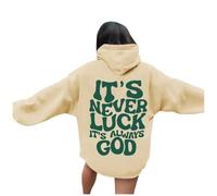 Felpa con cappuccio a maniche lunghe con scritta "It's Never Luck It's God", leggera, oversize, da donna, cachi, M