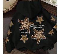 Felpa con cappuccio a maniche lunghe, stile minimalista casual, con stampa grafica di stelle meccaniche finte color kaki, adatta per autunno/inverno, vintage, sexy, carina, stile Y2K, coconut girl, bo