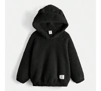 Felpa con cappuccio a orecchie d'orso in pile per ragazzo, con applicazione di lettere, manica lunga, vestibilità regular, felpa casual carina, adatta per autunno/inverno 6Y,7Y,4Y,5YColore unicoTessut